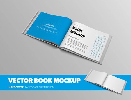 Standard size open book template with abstract pattern, with blue page, landscape orientation, isolated on gray background. Mockup of vector object with hardcover for design presentation.のイラスト素材