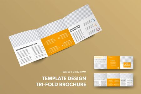 Square open tri-fold template with place for photo, isolated on background. Brochure design presentation layout with orange rectangles. Set of booklets with text and description front and back viewのイラスト素材