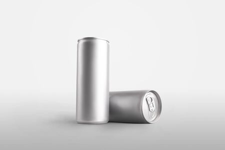 Mockup of long metal cans with a refreshing drink, shiny aluminum container for presentation design. Carbonate packaging template for juice, soda, isolated and standing on a white background. Setの写真素材