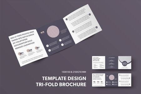Open square trifold template with circle for photo, with line, description, business booklet isolated on background. Layout with roll fold brochure design, front and back view. Set of standard coversのイラスト素材