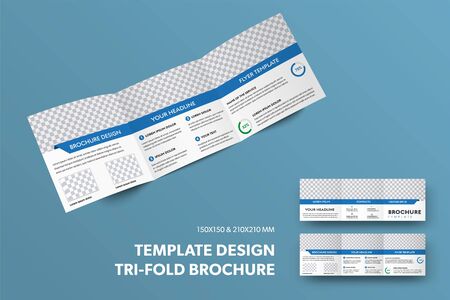 Presentation of the design of a square open booklet with a rectangular insert for a photo and a blue...