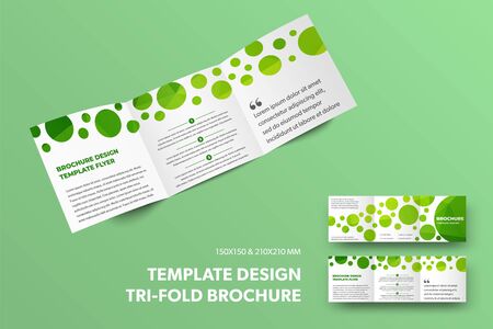 Standard square trifold template with circles and abstract pattern, brochure with description for business, isolated on background. Presentation of a set of booklets with design, front and rear viewのイラスト素材