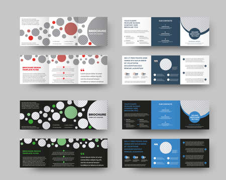 Layout of a white and black vector trifold with text and description, square business brochure with...