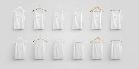 Mockup of a white universal T-shirt hanging on different hangers, empty underwear for design...