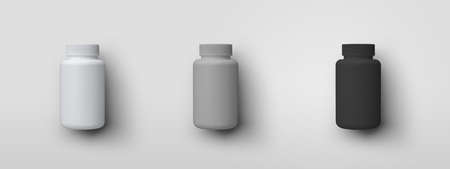 Template of a plastic white, gray, black jar for vitamins, minerals, for advertising in medicine, pharmacy, isolated on background. Mockup matte bottles for design presentation. Set of containersの写真素材