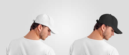 Headdress template for sun protection, side view, cap on the model's head, for presentation of design. Hat mockup with visor, blank fashion accessory for sports, hiphop, rap, isolated on backgroundの写真素材
