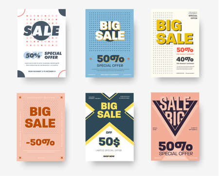 Vector Posters with cross, circles, triangles, color pattern, for a special offer in the online...