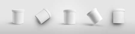Template of plastic jars for lotion, cream, isolated on background, empty white container for advertising in cosmetology, beauty industry. Packaging mockup for design presentation. Set of cansの写真素材