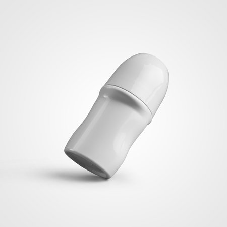 Mockup of white plastic glossy can of roll-on deodirant without label, for presentation of...