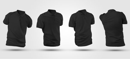 Black shirt template with short sleeves, button down collar, mens polo for advertising, print. Mockup clothes isolated on background, for design presentation, pattern. Apparel set, front, back viewの写真素材