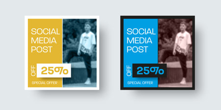 Vector square post template for social media, discount special offer, for product advertising. Layout poster with vertical design on a blue, yellow background. Sale flyer set presentationのイラスト素材
