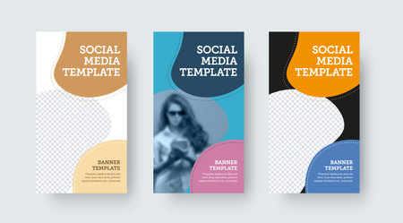 A set of vector posts with rounded color designs, photo space, creative stories for social media. Banner template for advertising, product promotion, business, cover on white, black, blue backgroundのイラスト素材