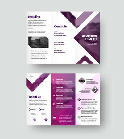 Vector trifold with company information presentation, colorful design, triangles inserts, photo. Brochure template with realistic shadows, business concept, booklet for advertising, promotion. Setのイラスト素材