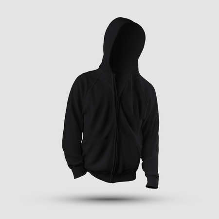 Mockup textured black hoodie with drawstring hood, zipper, pocket, cuffs, for design presentation, print, front view. Men's clothing template isolated on background, long sleeve sweatshirtの写真素材