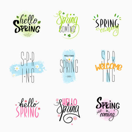 Vector illustration with handwritten lettering of spring greetings, green, pink, blue decor. Set of calligraphic compositions. Motivational text presentation, design for postcards, mailings, messagesのイラスト素材