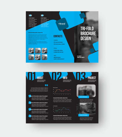 Vector trifold template with blue geometric illustration folding brochure with creative design on black background, with realistic shadows. Information booklet, presentation cover. Leflet for printingのイラスト素材