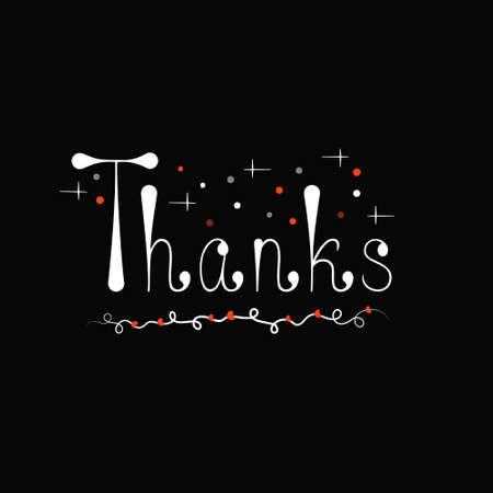 Beautiful white inscription "thanks" with red decor, circles, stars, ribbon on a black background. Vector illustration for print, mailing, postcards. Calligraphic handmade, hand drawn letteringのイラスト素材