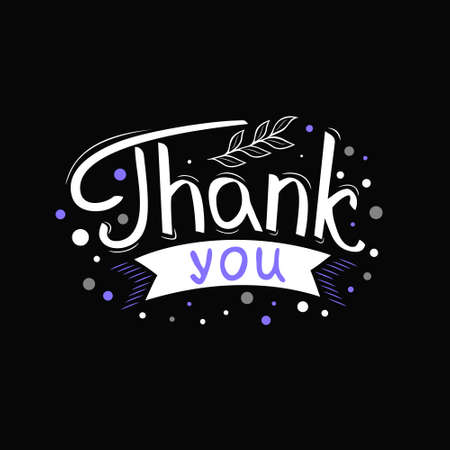 Vector illustration, white and purple inscription "Thank you", decor of a circle, a leaf, a ribbon, complementing the manual work of the script. Beautiful lettering template isolated on black backgroundのイラスト素材