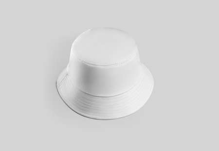 Mockup of white textured panama for presentation of design, print, pattern. Fashionable hat template with brim, summer female and male accessory. Headwear for sun protection, isolated on backgroundの写真素材