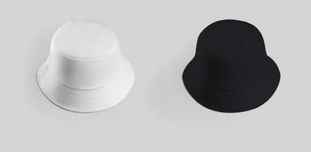 Mockup of a stylish white, black panama, for protection from the sun, headwear, accessory, isolated on background. Fashionable hat template for summer, for presentation of design, pattern, print. Setの写真素材
