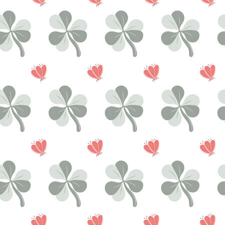 Summer vector seamless pattern with green trefoil leaves, red flower buds, isolated on white background. Repeating botanical floral decor for wallpaper, fabric, clothing. Creative texture designのイラスト素材