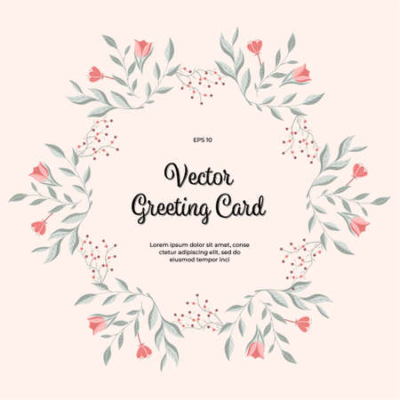 Vector greeting card with circular floral design. Postcard template with ornament, illustration with flowers, leaves, twigs. Creative vignette with bouquet for poster, banner, flyer, for congratulationsのイラスト素材
