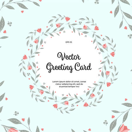 Vector greeting card with floral ornaments on a green background. Postcard template with flowers, twigs, leaves, and a white circle for an inscription. Creative flyer for a holiday, a significant dateのイラスト素材