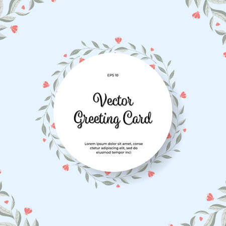 Vector greeting card with floral ornament, illustration with twigs, flowers, leaves. Template of a creative postcard for the holiday. Square blue post design with blooming vignette for congratulationsのイラスト素材