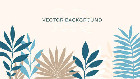 Vector background with tropical leaves, twigs, jungle in stylish color. Modern composition for banner, poster, cover. Illustration template for design. Exotic pattern with floristry. The invitationのイラスト素材