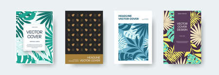 Cover for notebook, book, vector illustration with colorful tropical, exotic palm leaves, monstera. Banner template, brochures, with summer theme, abstract background. Headline set with designのイラスト素材