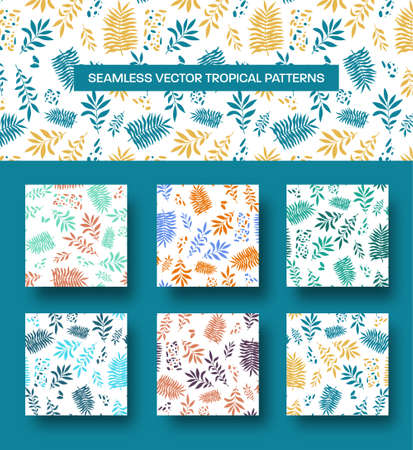 Cover template with tropical design, exotic twigs, leaflets. Presentation of vector seamless pattern, isolated background. Set with drawing, abstract elements for business conceptのイラスト素材