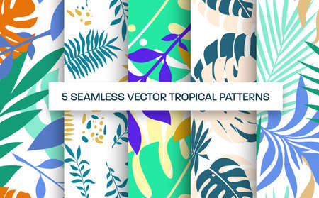 Seamless pattern with tropical leaves, palms, monstera. Creative presentation with trendy design for wallpaper, clothing, notebook. Template set with exotic twigs. Summer theme backgroundのイラスト素材