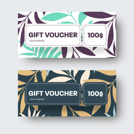 Vector gift voucher isolated on white, black background with tropical modern leaves. Certificate with illustration, exotic twigs in purple, green, nude, blue colors. Shop setのイラスト素材