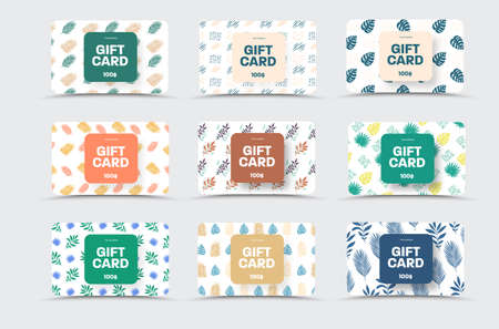 design of vector gift cards isolated on white background with small tropical, exotic twigs, plates. Set. Template for greeting vouchers, certificates with palms, monsters, abstract elementsのイラスト素材