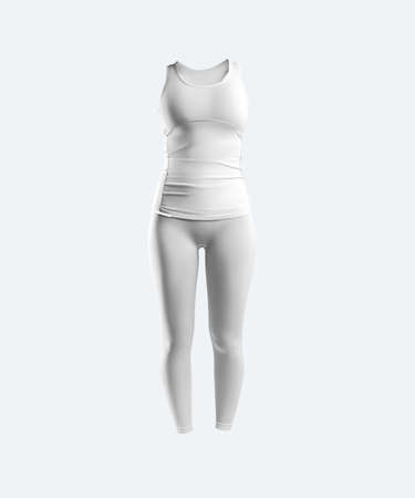 Mockup white tank top, sleeveless T-shirt, leggings, 3D rendering, fashion compression suit, no body, isolated on background, front view. Sportswear template, workout clothes for design, advertisingの写真素材