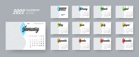 Vector horizontal calendar 2022 template, color insert with months, cover with place for photo. Set for the organization on a white background, office. Wall planner for a year, with weeks, days.のイラスト素材