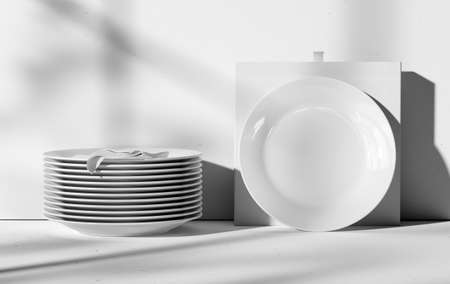 White plates stack template, 3D rendering, with napkin, dish on the background of the box, walls with realistic shadows. Layout presentation of ceramic, porcelain tableware for design, patternの写真素材