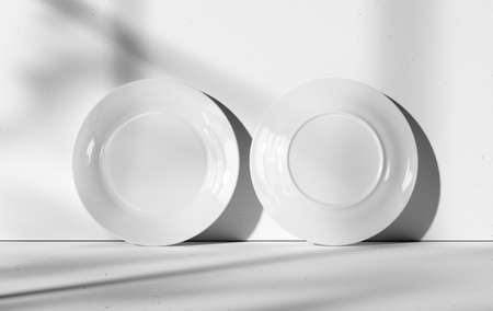 White plate template, front, back view, 2 dish 3D rendering with realistic shadows on background. Tableware layout, isolated, for advertising, design presentation. Ceramic, porcelain crockery close upの写真素材