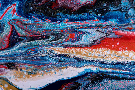 Liquid background, fluid art with spots, mixing white, blue, red, gold paints, drips, abstract...