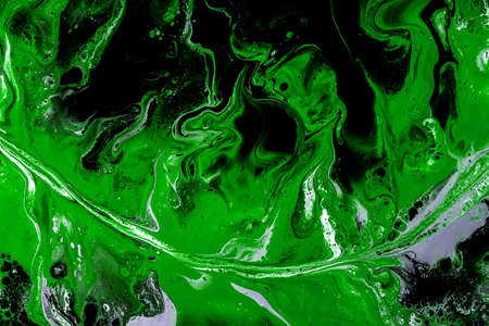 Bright acrylic background, abstract green, black fluid art with sea, waves, sky, feather with smooth...