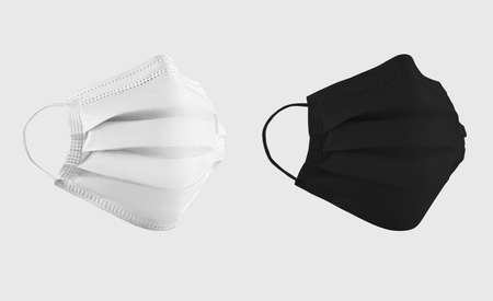 Mockup of white, black surgical mask, isolated on background. Respirator template with ear loops,...