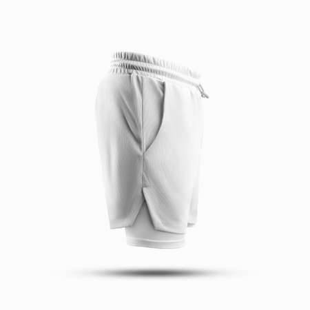 White loose shorts mockup with underpants compression line, side pockets, tie waist, 3D rendering, isolated on background. Texture running shorts template for design, pattern, printの写真素材