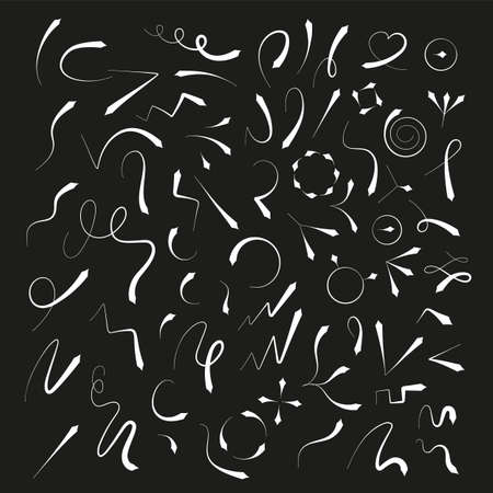 Set of white arrows, pointers. Vector illustration with narrowing and expanding lines on black...
