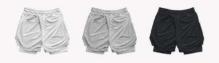 Set of mockups of sports men's shorts with compression bands back view. White, black and heather sportswear.の写真素材