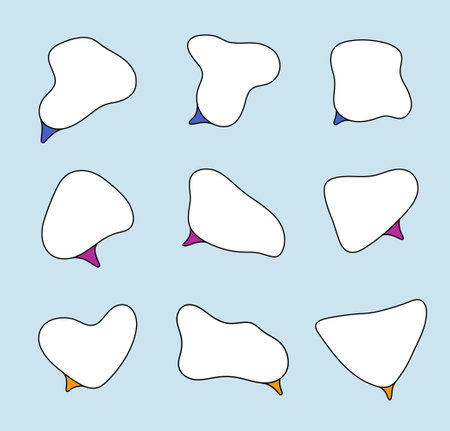 Vector white speech bubble with black stroke, colored triangular leg. Abstract form template for chat, message. Thought balloon, design for dialogue, conversation. Set of clouds for communicationのイラスト素材