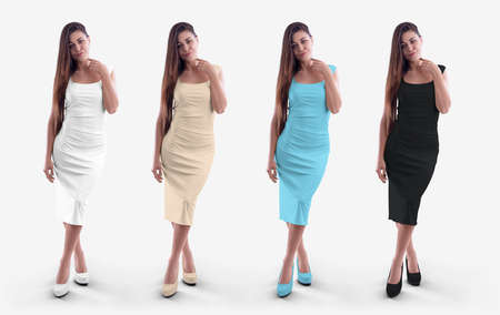 Mockup of a white, black, blue, nude knee-length dress, a beautiful tight-fitting sundress on a girl in heels, isolated on a background, front. set. Female apparel template, for design, advertisingの写真素材
