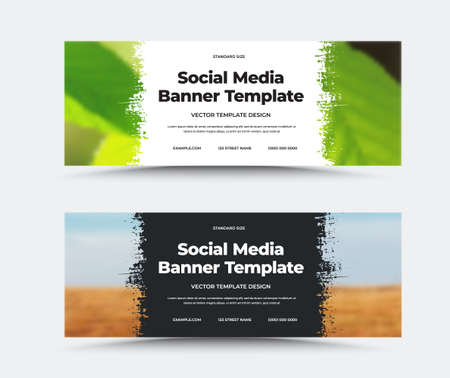 Standard vector banner template in white, black design, center space for text, header, for social media use. set. Booklet, corporate leaflet for business promotion. Gift voucher with brush stroke.のイラスト素材