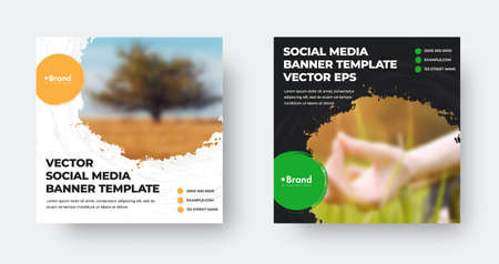 EPS vector web banner template, with round elements for photo, brush stroke, social media, newsletter. Set of leaflet in white, black, illustration of a standard booklet with info for business, brandのイラスト素材