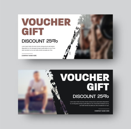 Gift voucher vector template, with diagonal design, brush stroke, on white, black background, with photo, for product promotion. Certificate set, 25% discount, with information about the companyのイラスト素材