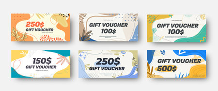 Set of white vector discount vouchers with colorful abstract design. Template for sales and gifts.のイラスト素材